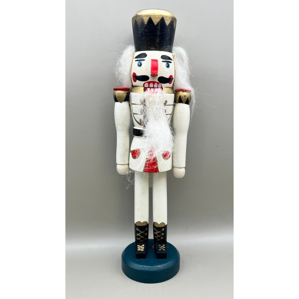 Vintage Wooden Nutcracker Soldier White Gold Red 9.5" Holiday Decor Christmas
